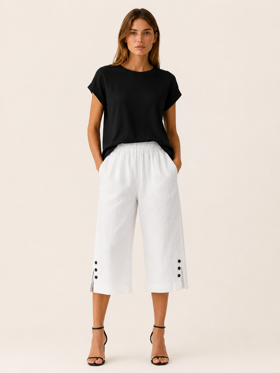 Tavienne | Cotton Blend Cropped Trousers with Elastic Waist Button Hem