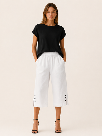 Tavienne | Cotton Blend Cropped Trousers with Elastic Waist Button Hem