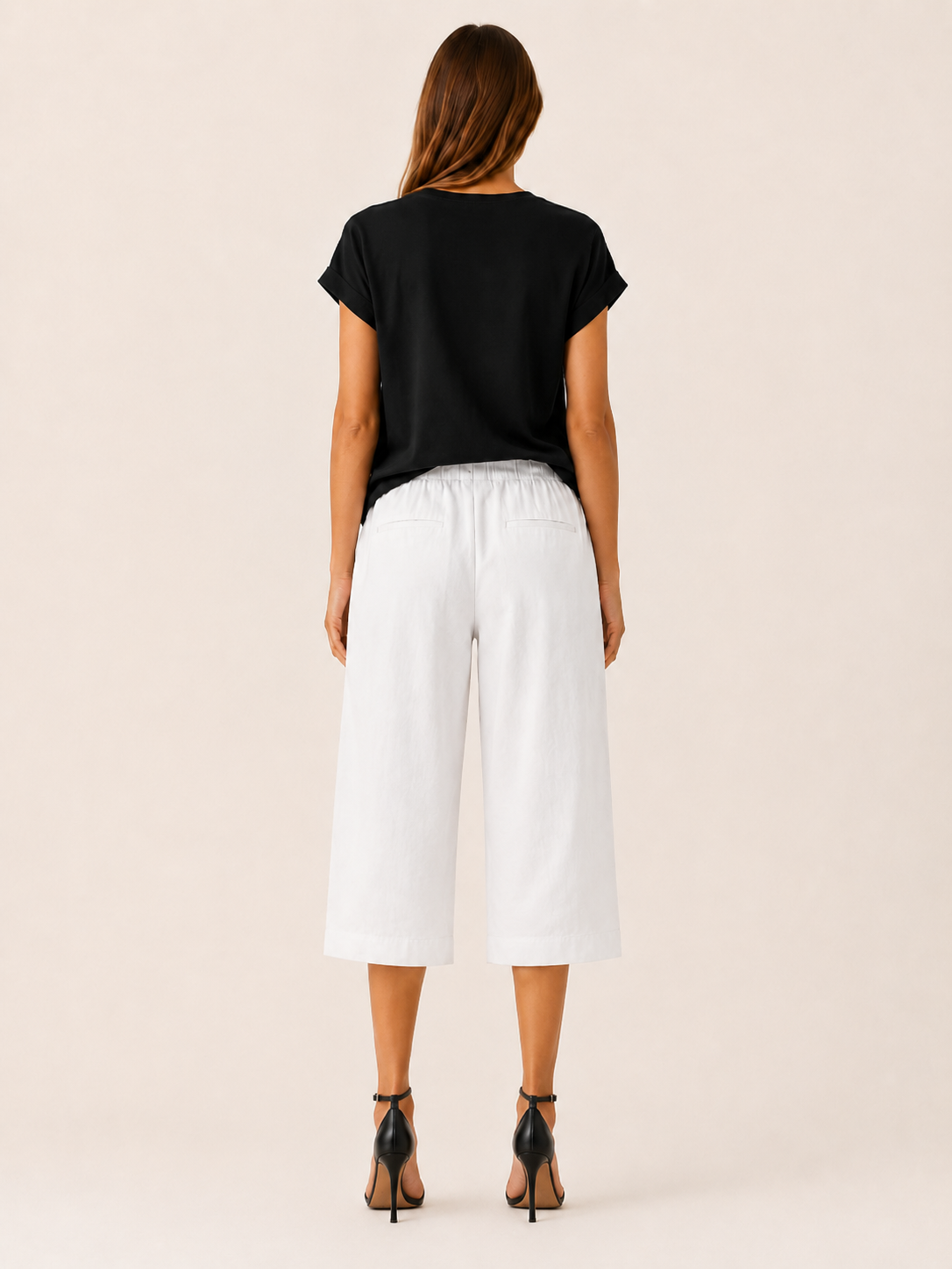 Tavienne | Cotton Blend Cropped Trousers with Elastic Waist Button Hem