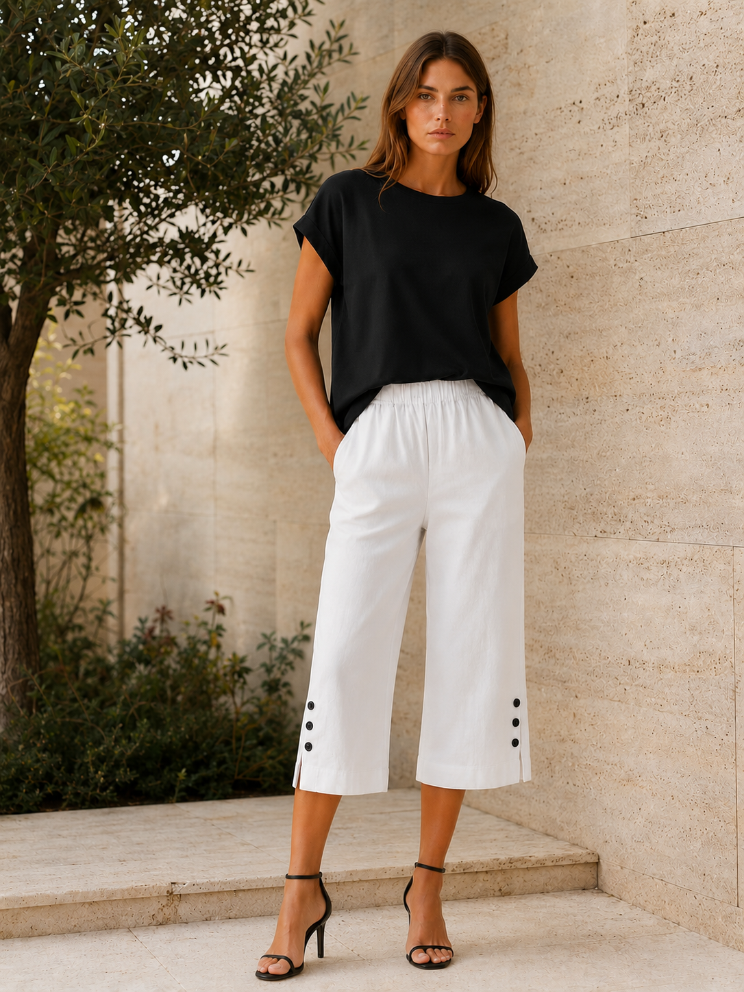 Tavienne | Cotton Blend Cropped Trousers with Elastic Waist Button Hem