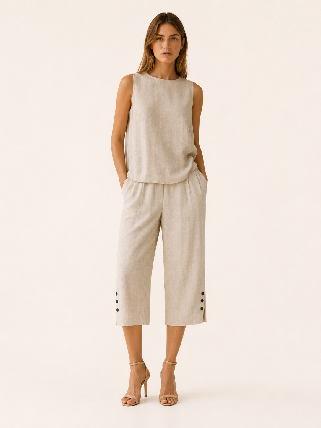 Tavienne | Cotton Blend Cropped Trousers with Elastic Waist Button Hem