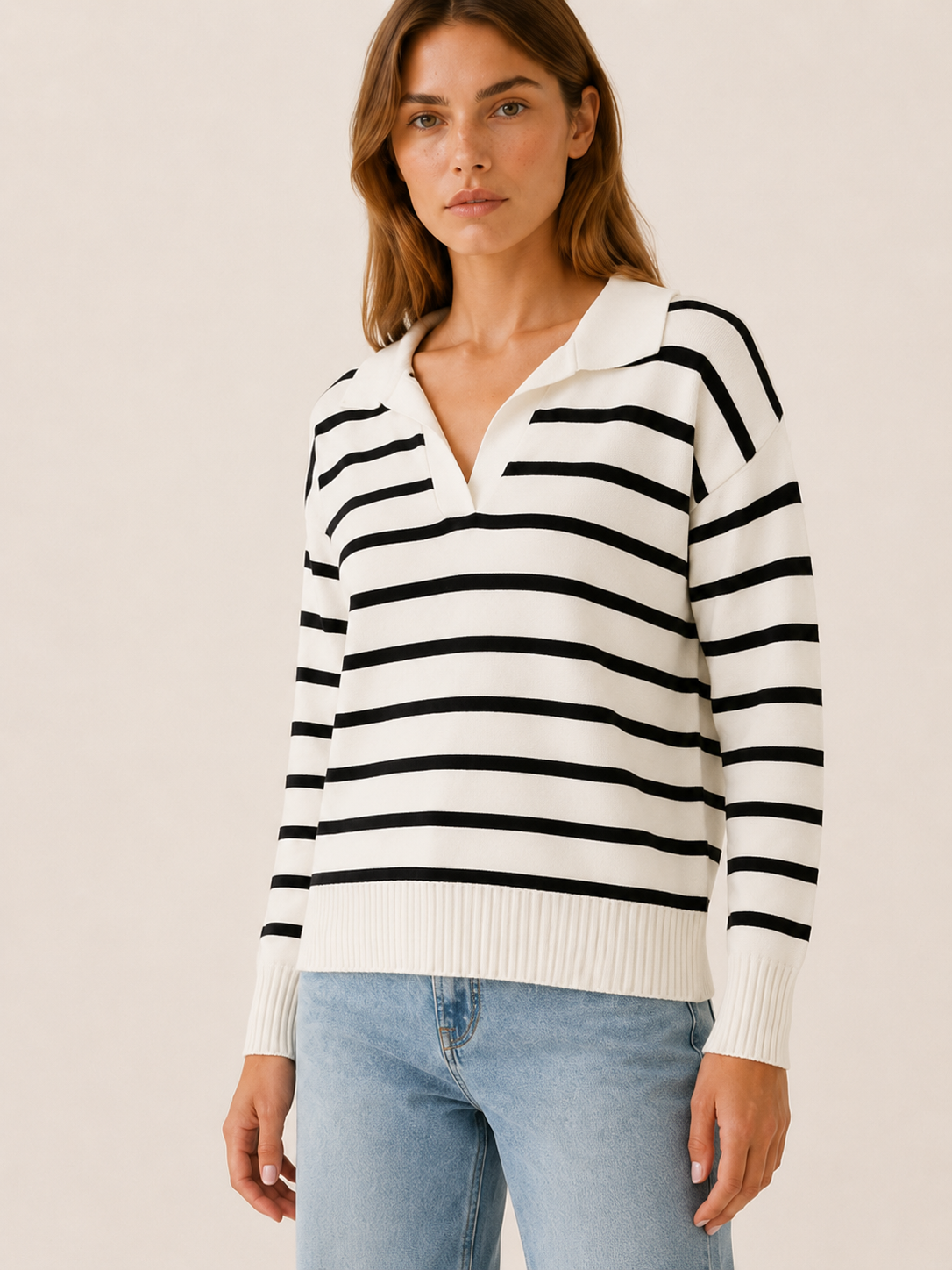 Tavressa | Collared Jumper with V-Neck and Striped Design