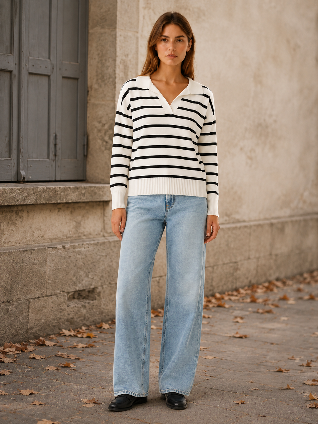 Tavressa | Collared Jumper with V-Neck and Striped Design