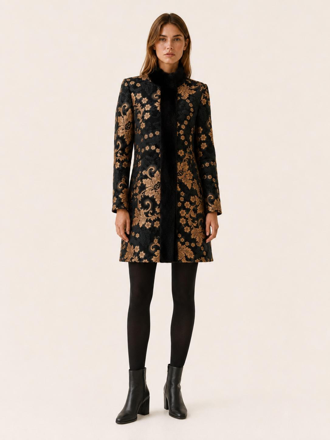 Tegwen | Women’s Patterned Coat with High Collar and Contrast Trim