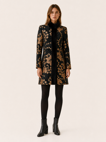 Tegwen | Women’s Patterned Coat with High Collar and Contrast Trim