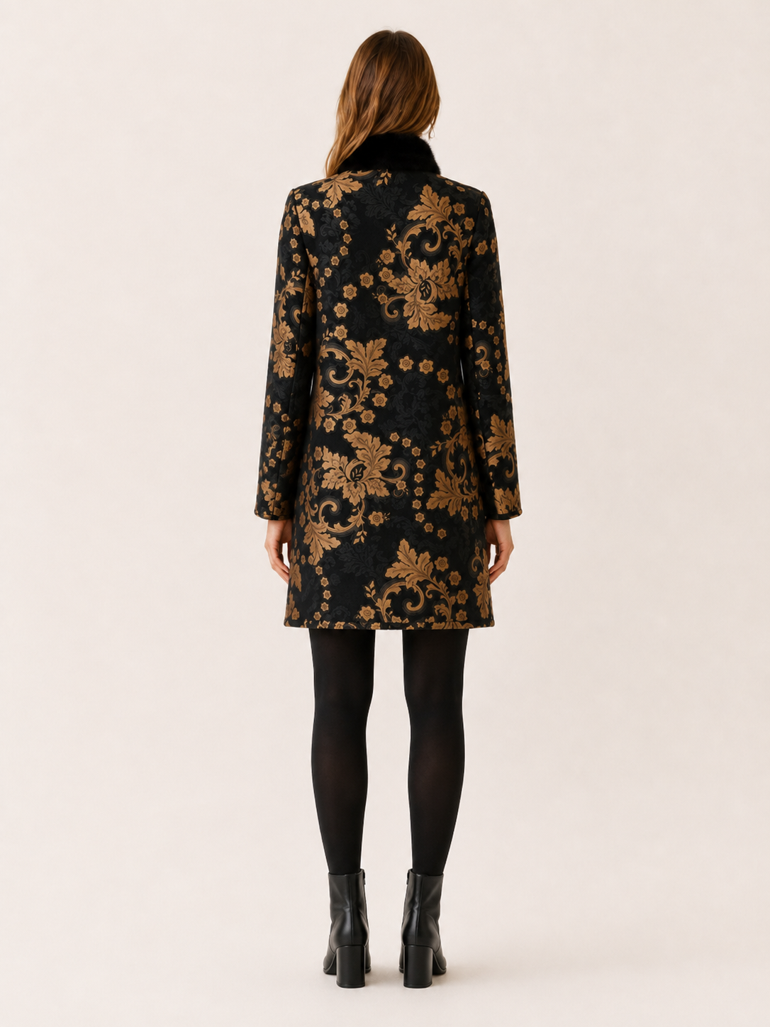 Tegwen | Women’s Patterned Coat with High Collar and Contrast Trim