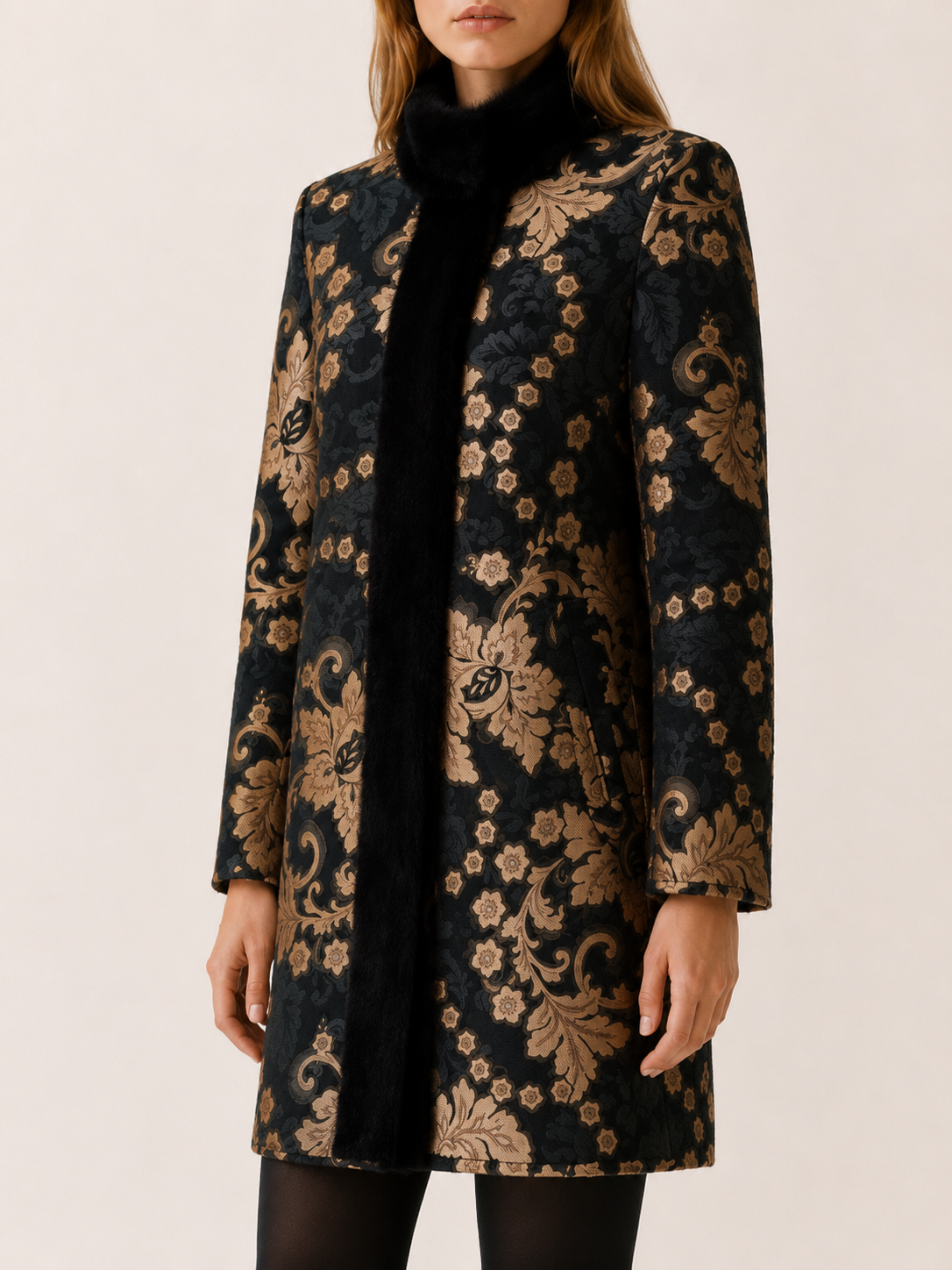 Tegwen | Women’s Patterned Coat with High Collar and Contrast Trim