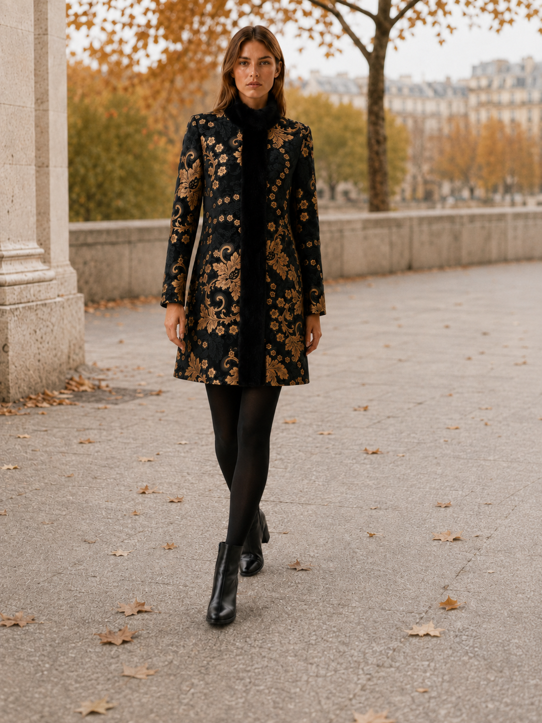 Tegwen | Women’s Patterned Coat with High Collar and Contrast Trim