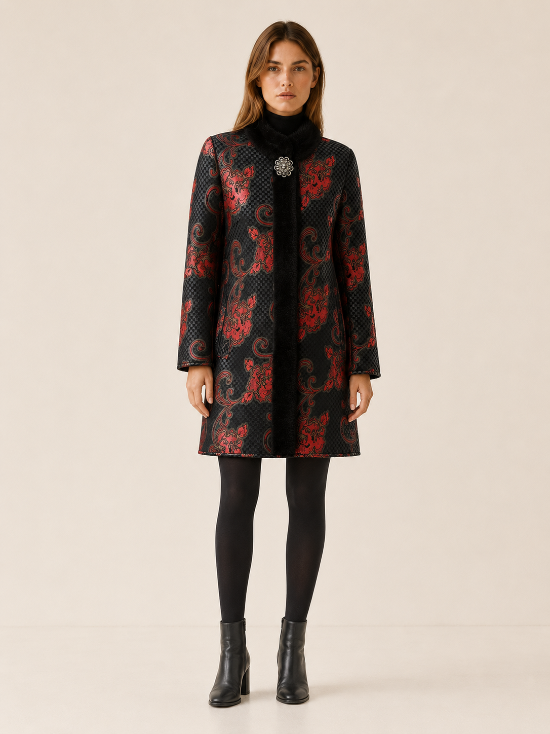 Tegwen | Women’s Patterned Coat with High Collar and Contrast Trim