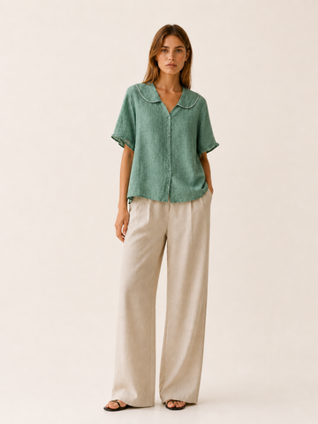 Thalia | Linen Blouse with Scalloped Collar and Button Front