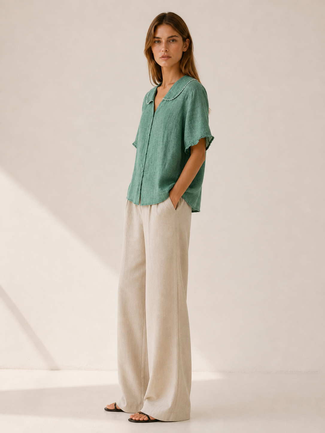 Thalia | Linen Blouse with Scalloped Collar and Button Front