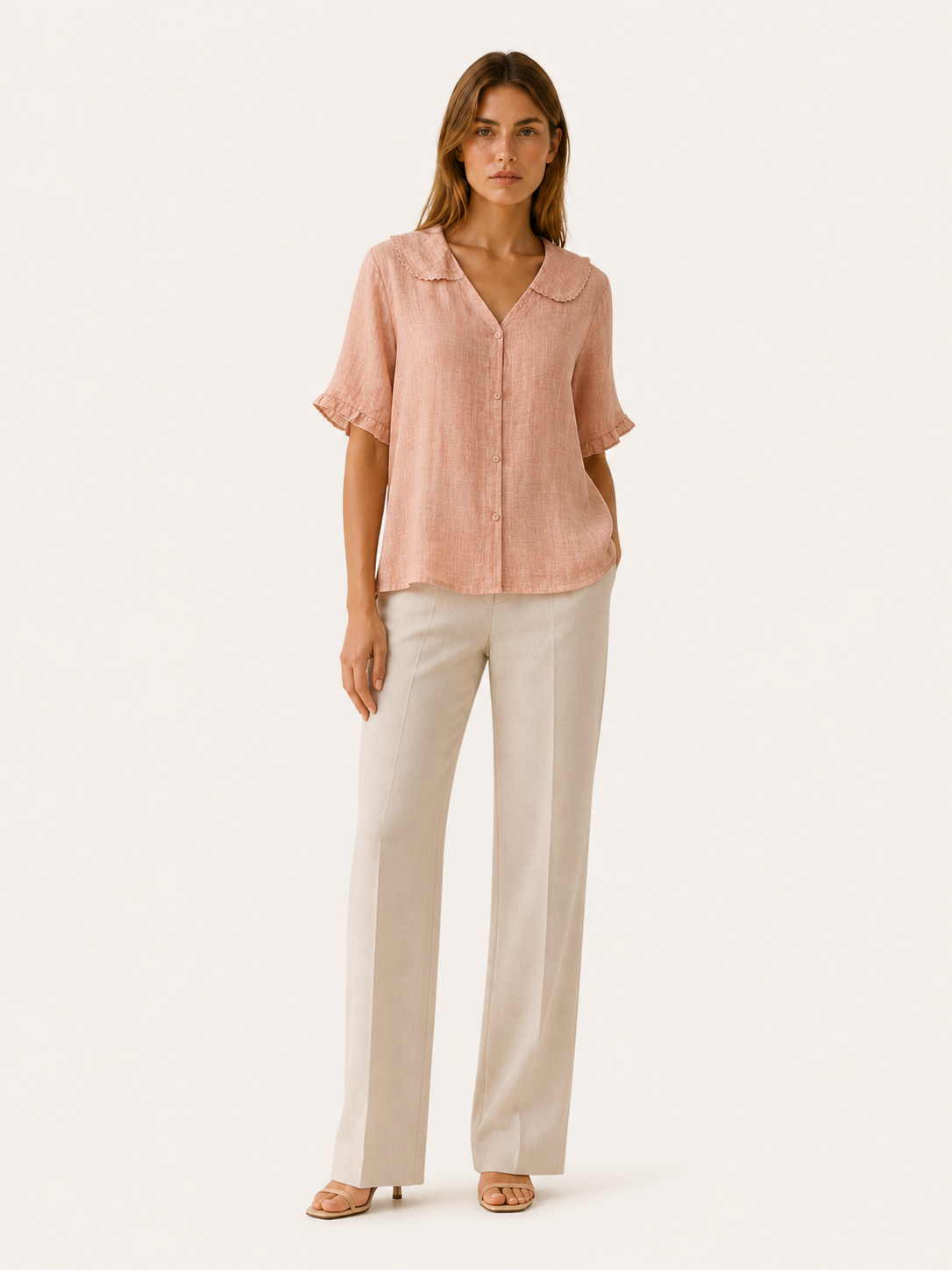 Thalia | Linen Blouse with Scalloped Collar and Button Front