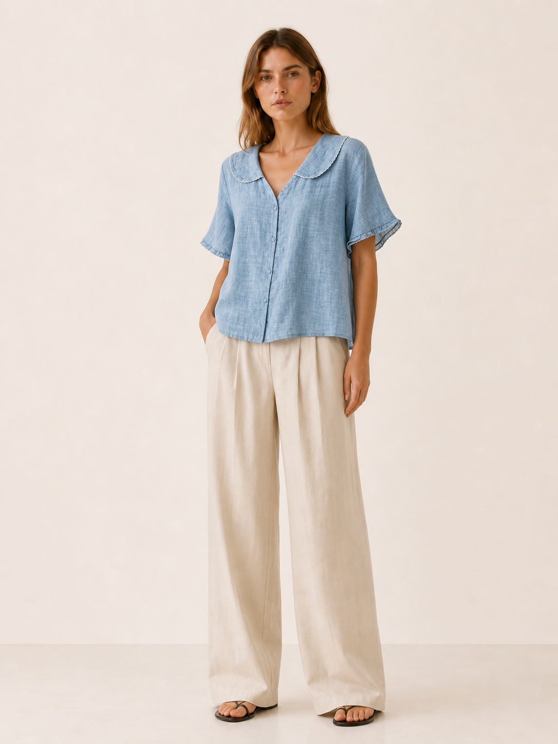 Thalia | Linen Blouse with Scalloped Collar and Button Front