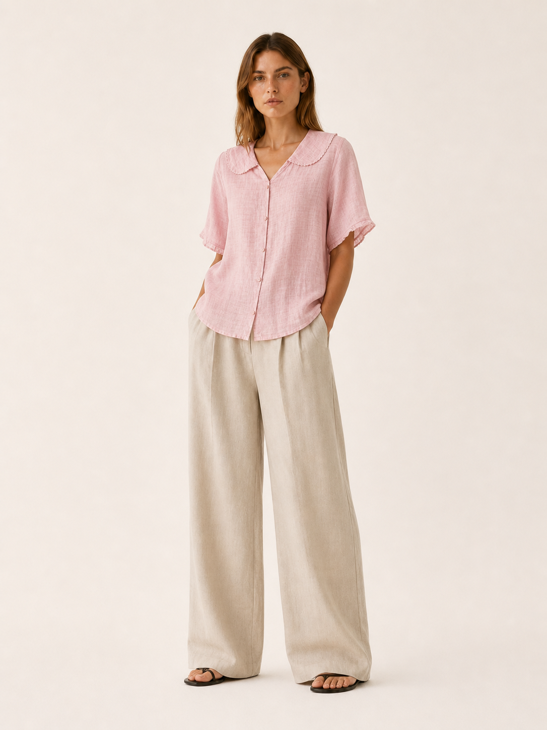 Thalia | Linen Blouse with Scalloped Collar and Button Front