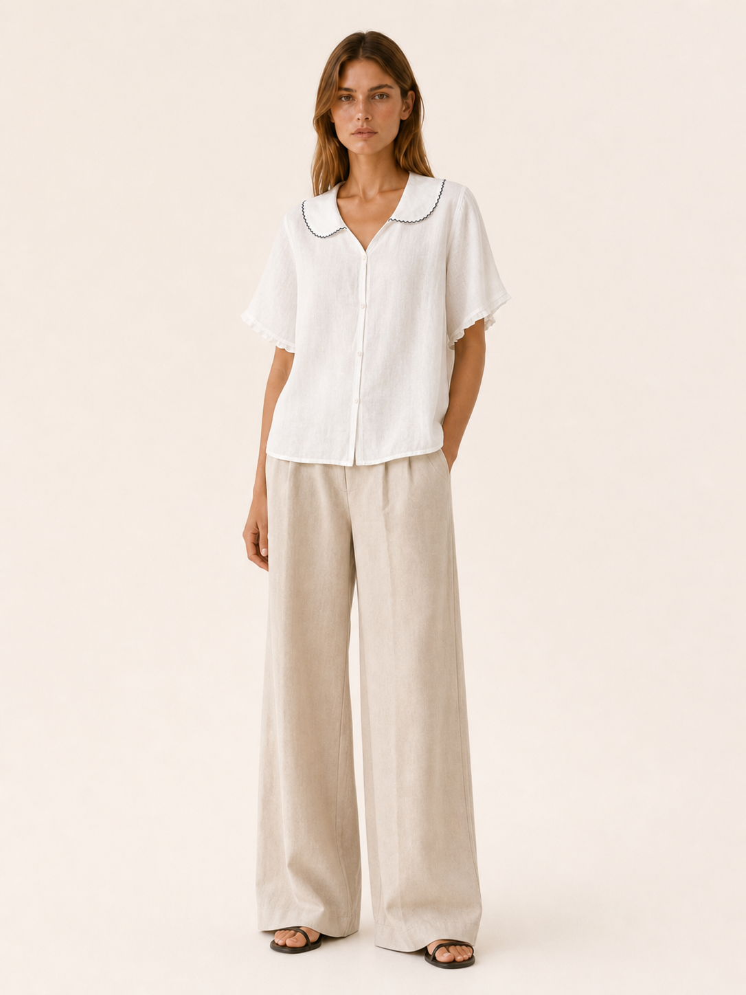 Thalia | Linen Blouse with Scalloped Collar and Button Front