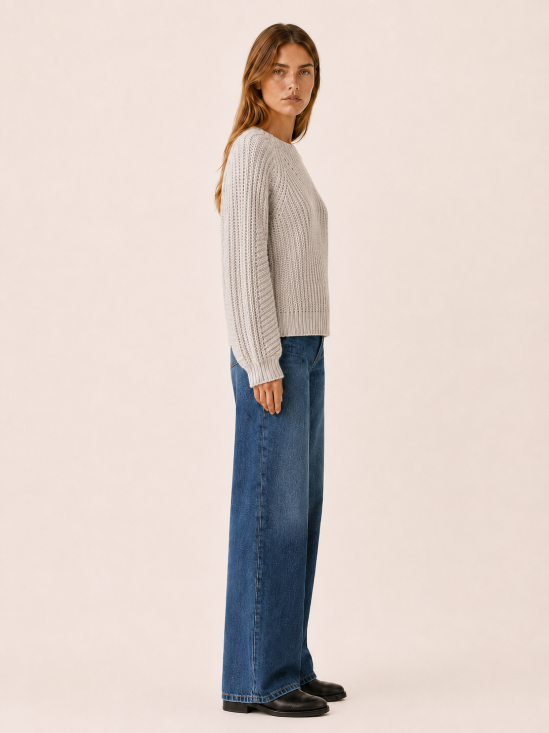 Theodora | Round Neck Jumper with Balloon Sleeves and Openwork Detail