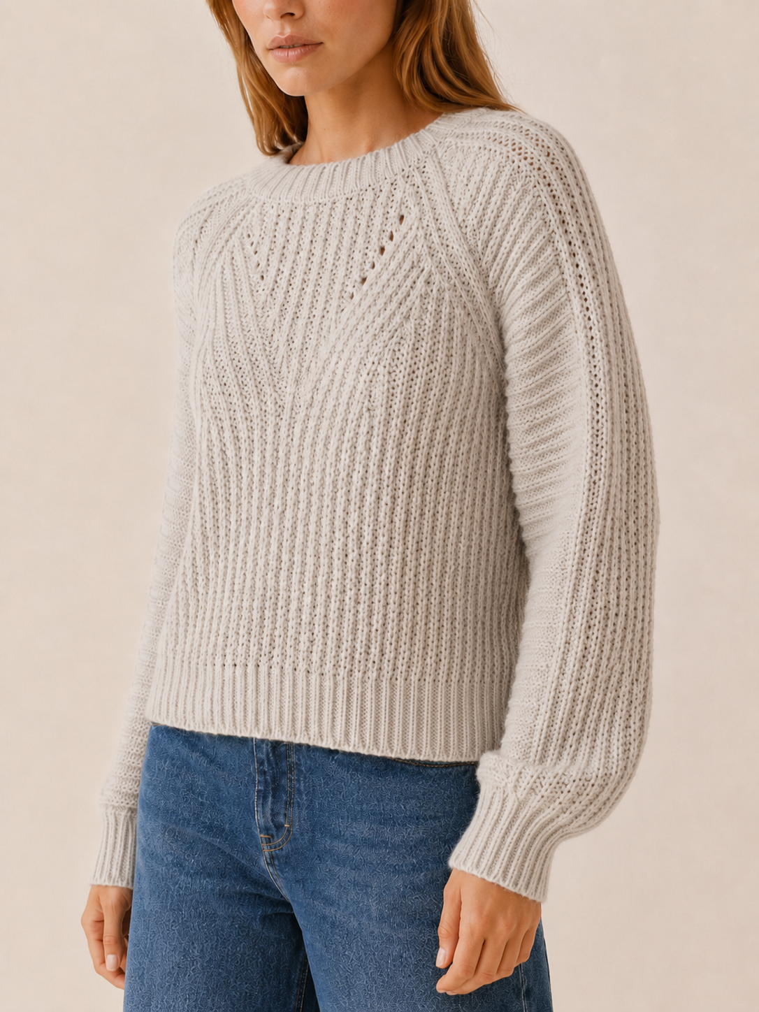 Theodora | Round Neck Jumper with Balloon Sleeves and Openwork Detail