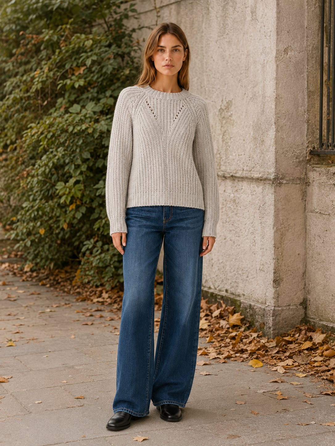 Theodora | Round Neck Jumper with Balloon Sleeves and Openwork Detail