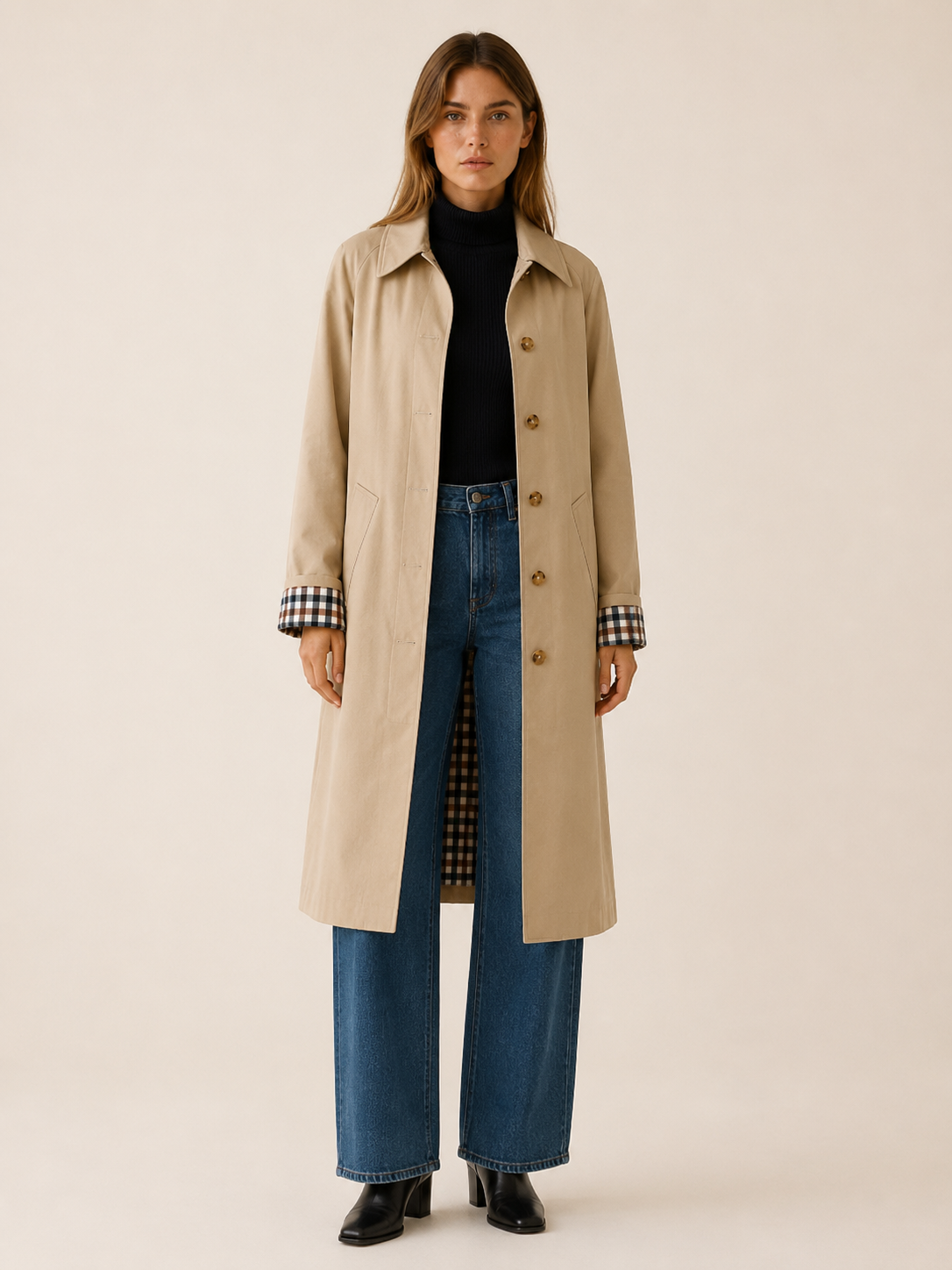 Therese | Women’s Long Trench Coat with Check Lining