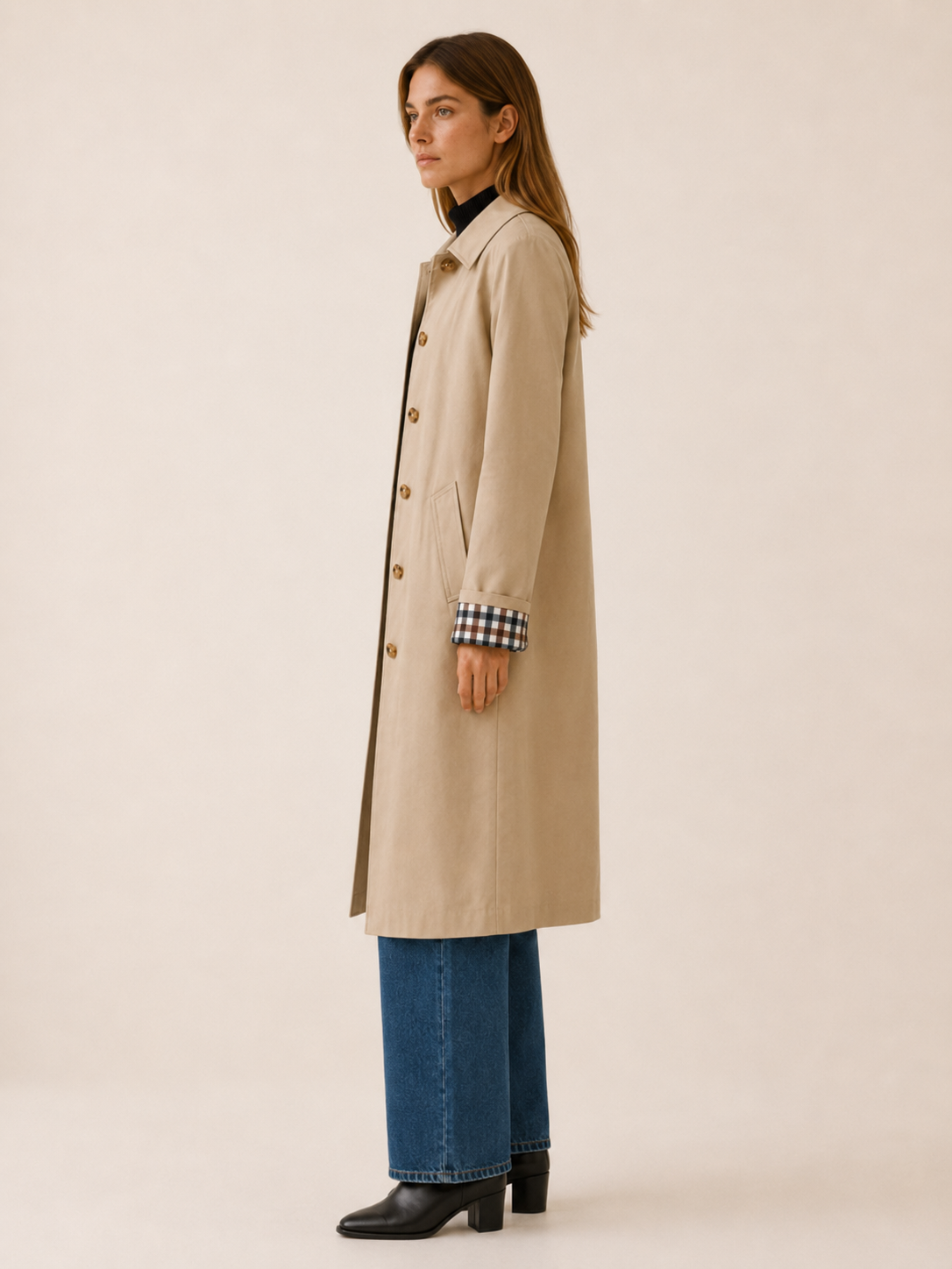 Therese | Women’s Long Trench Coat with Check Lining