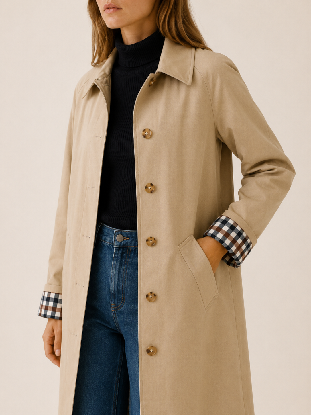 Therese | Women’s Long Trench Coat with Check Lining