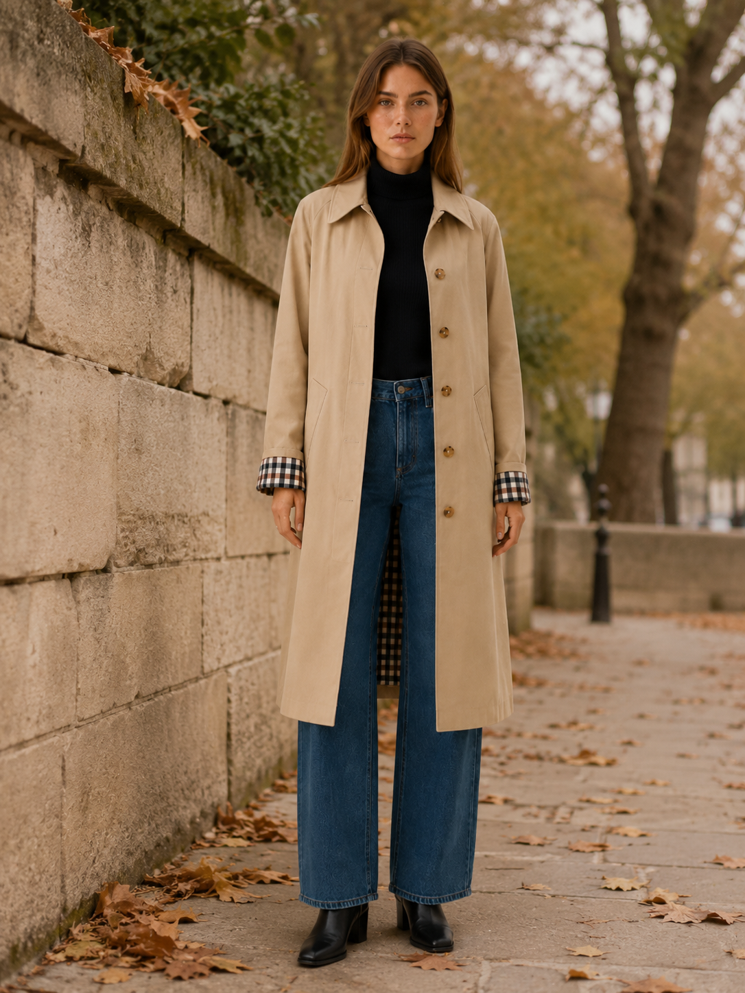 Therese | Women’s Long Trench Coat with Check Lining