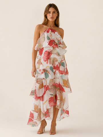 Thessaly | Floral Halterneck Maxi Dress with Ruffle Skirt