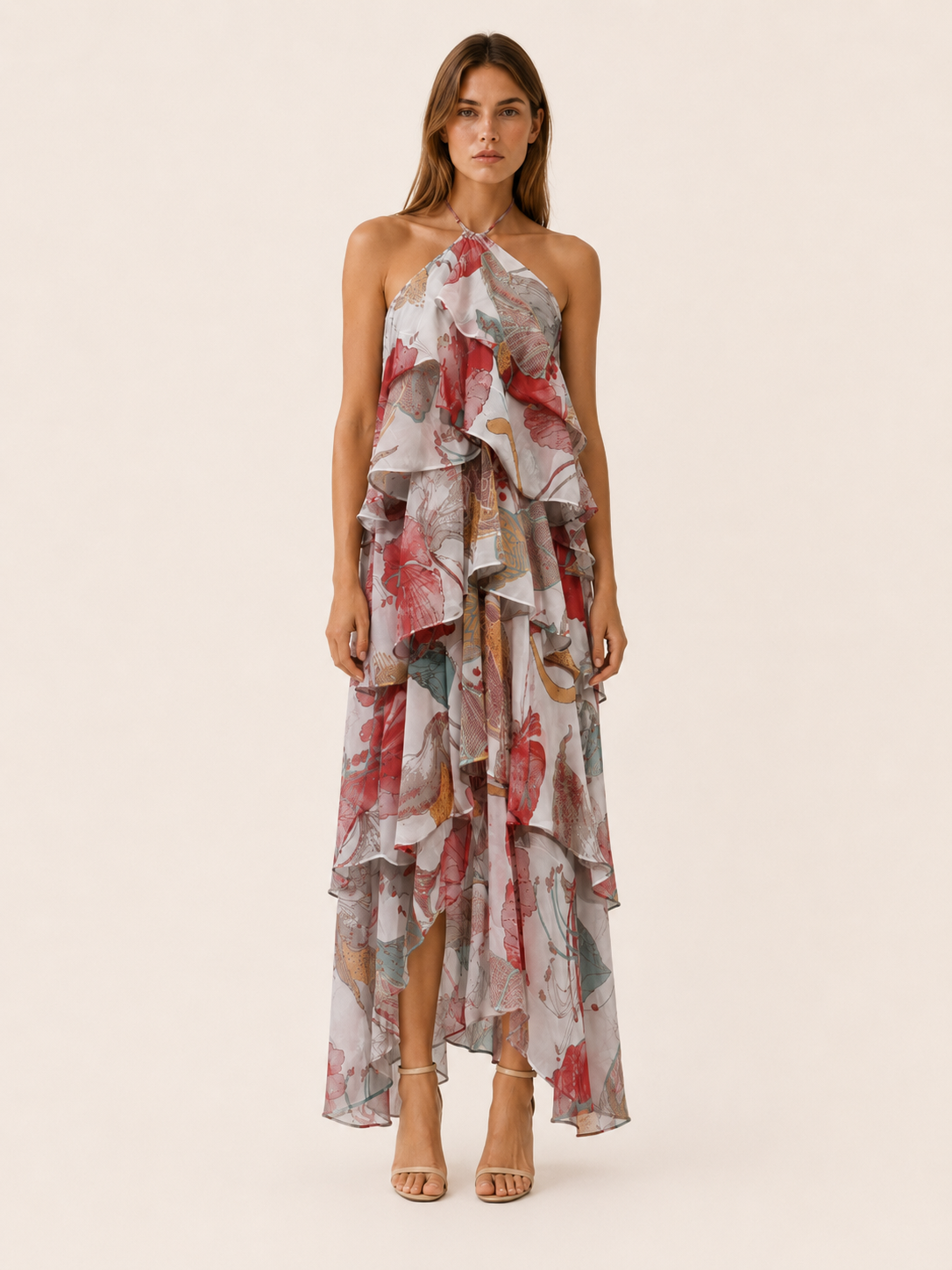 Thessaly | Floral Halterneck Maxi Dress with Ruffle Skirt