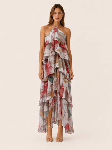 Thessaly | Floral Halterneck Maxi Dress with Ruffle Skirt