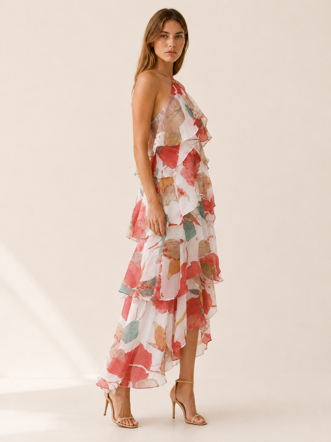 Thessaly | Floral Halterneck Maxi Dress with Ruffle Skirt