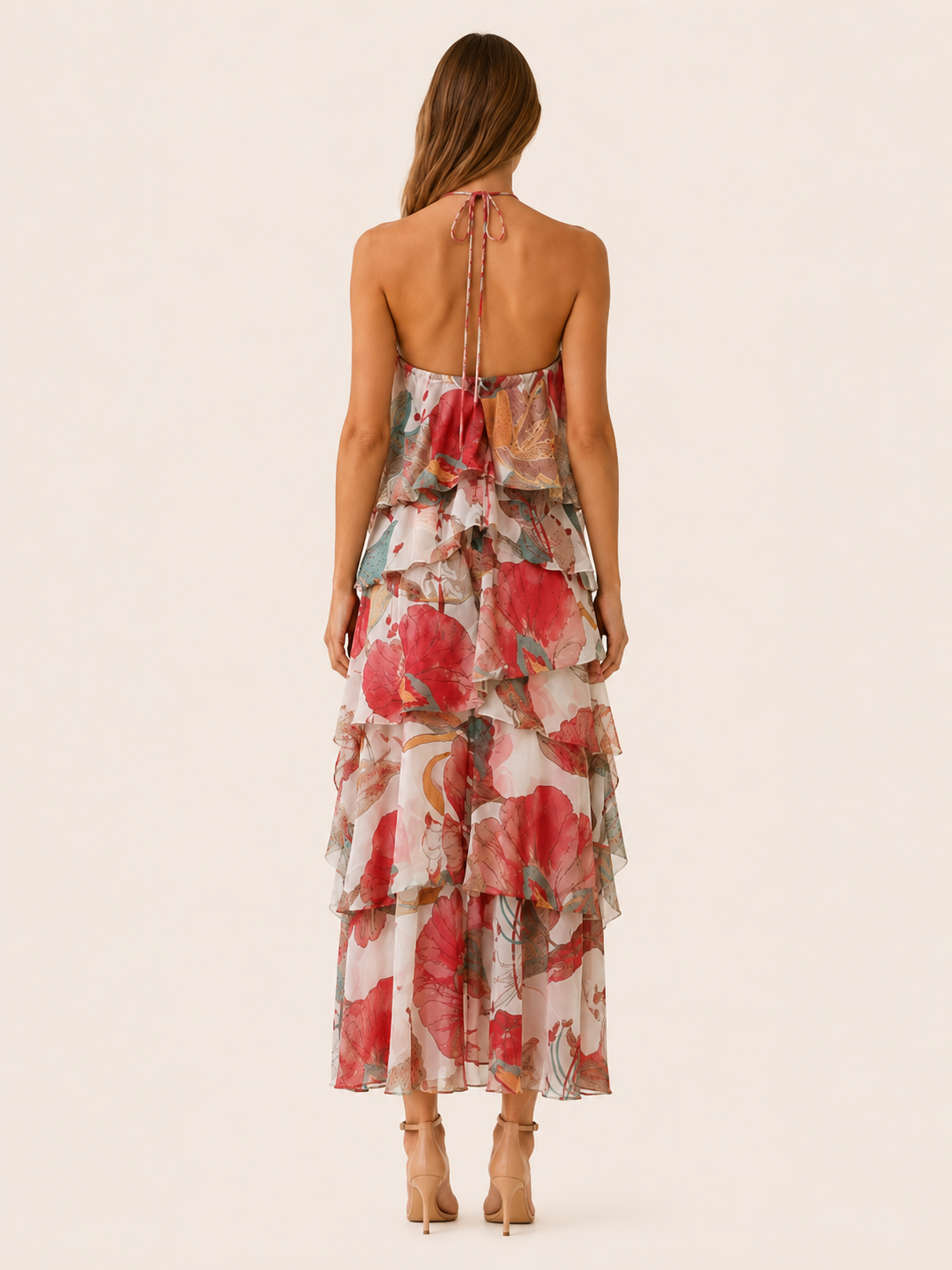 Thessaly | Floral Halterneck Maxi Dress with Ruffle Skirt