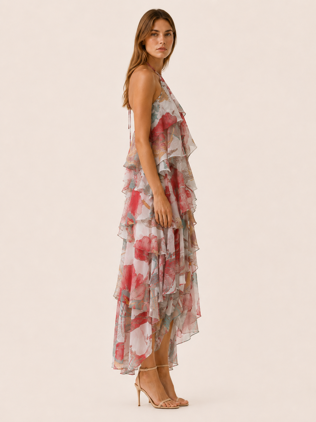 Thessaly | Floral Halterneck Maxi Dress with Ruffle Skirt
