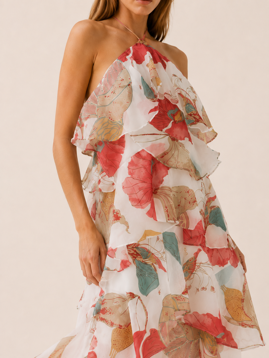 Thessaly | Floral Halterneck Maxi Dress with Ruffle Skirt