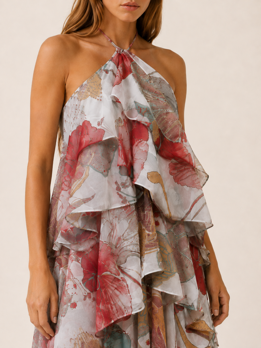 Thessaly | Floral Halterneck Maxi Dress with Ruffle Skirt