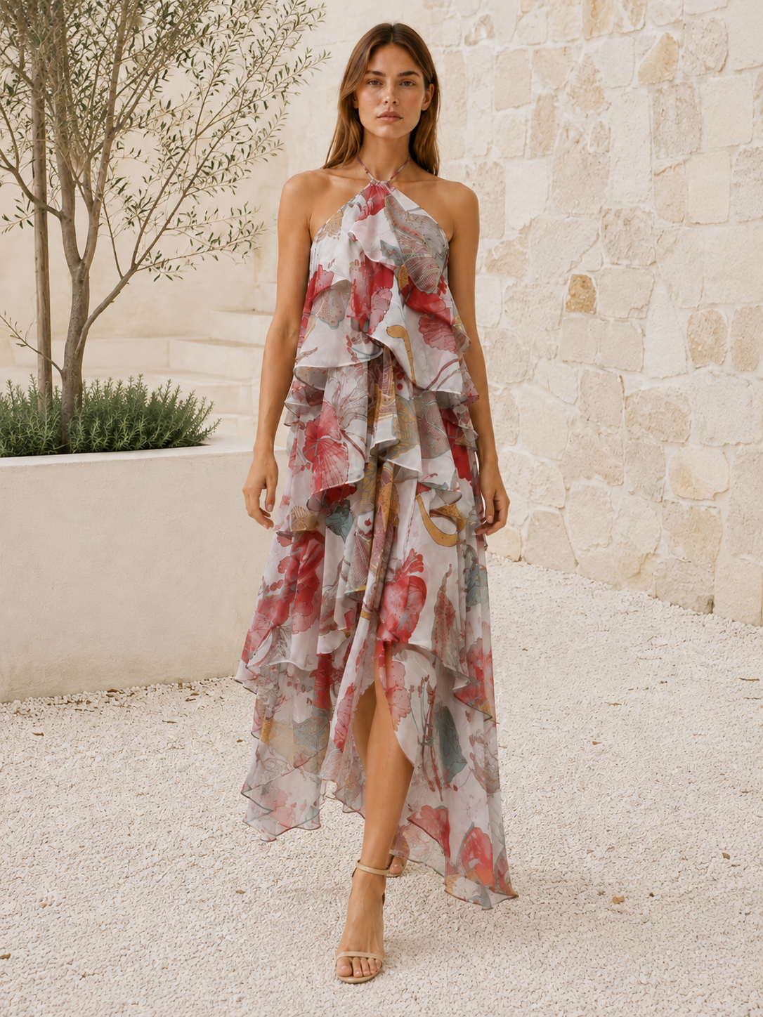 Thessaly | Floral Halterneck Maxi Dress with Ruffle Skirt