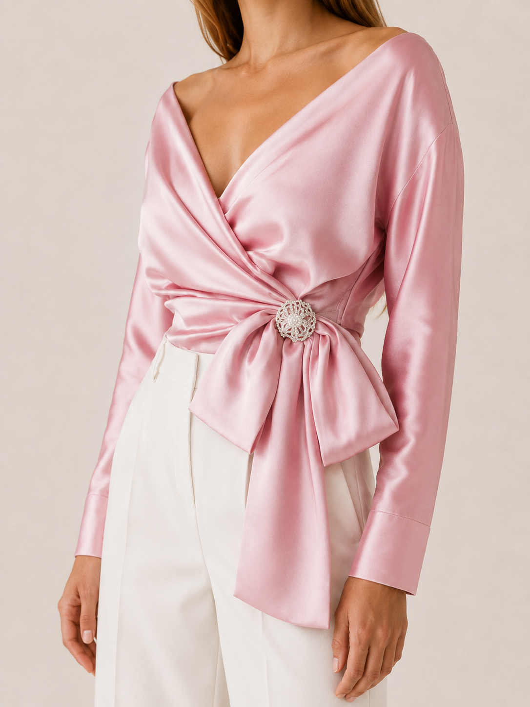 Thessia | Wrap Top with Bow Detail Satin Blouse