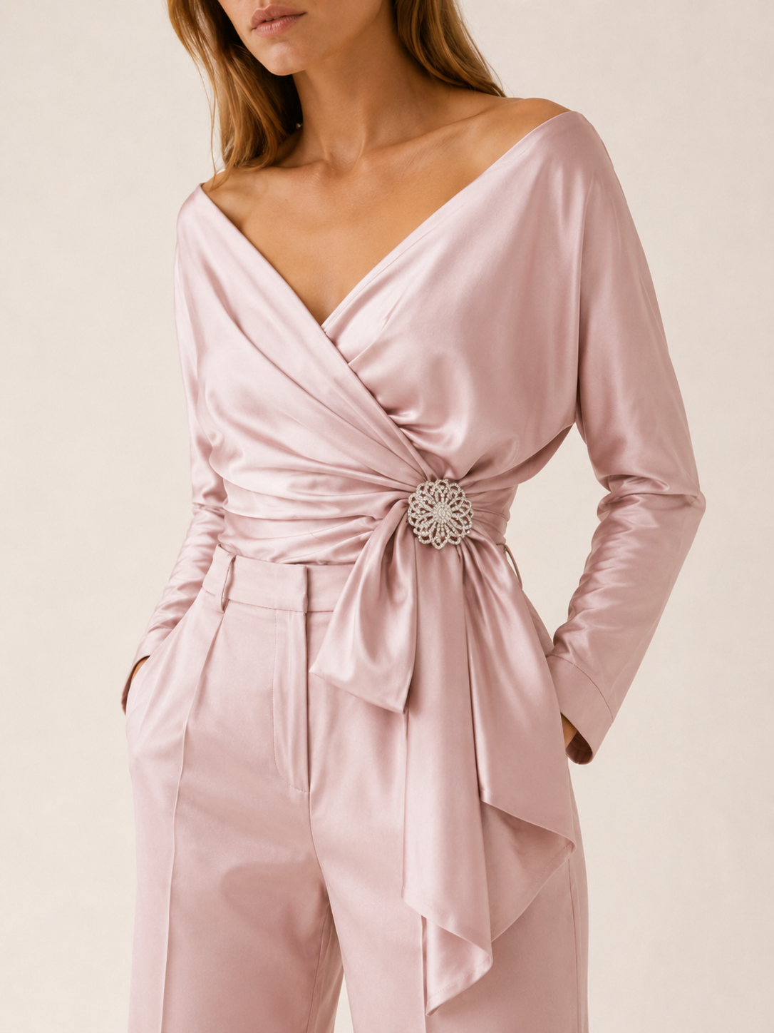 Thessia | Wrap Top with Bow Detail Satin Blouse