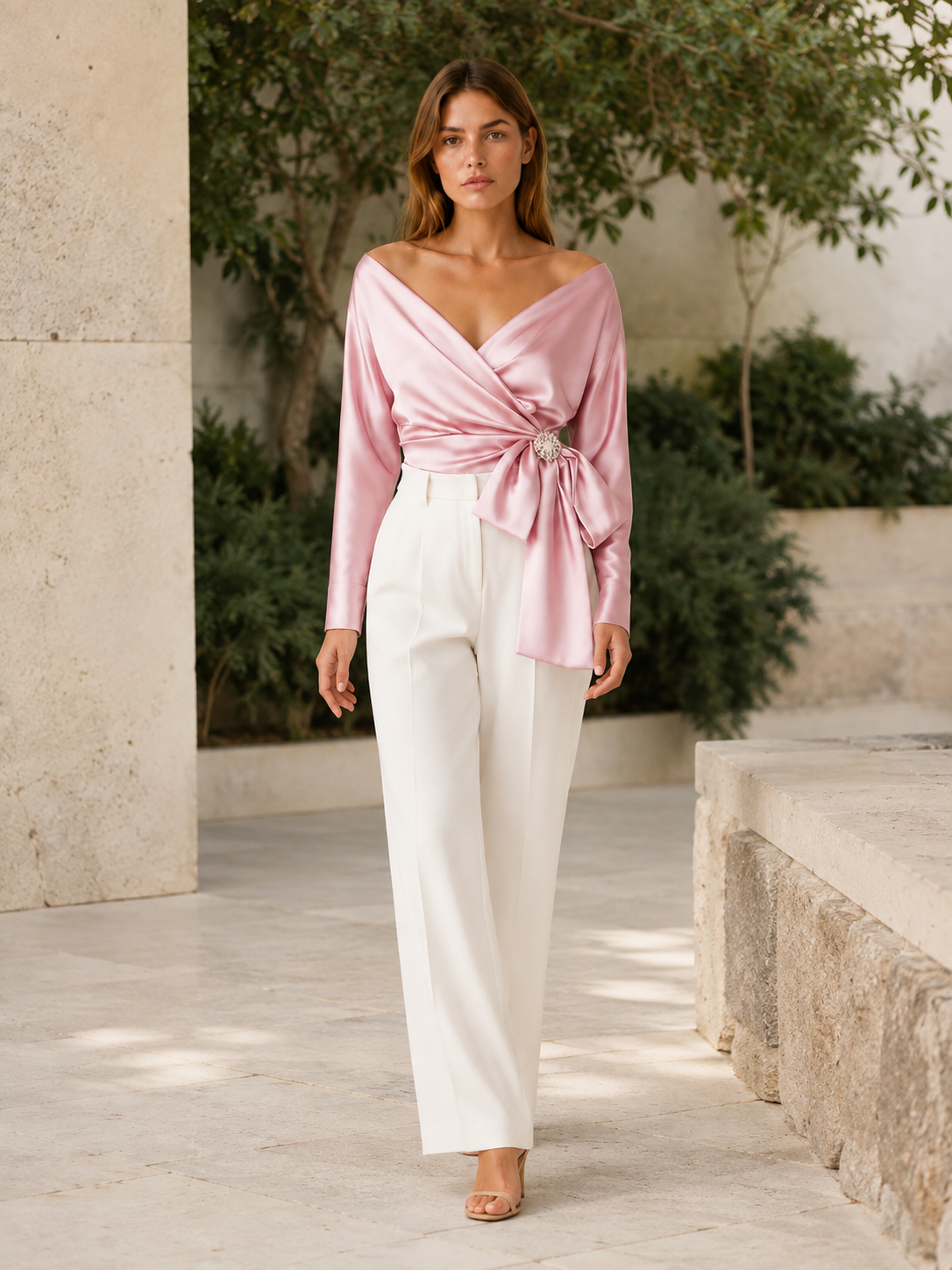 Thessia | Wrap Top with Bow Detail Satin Blouse