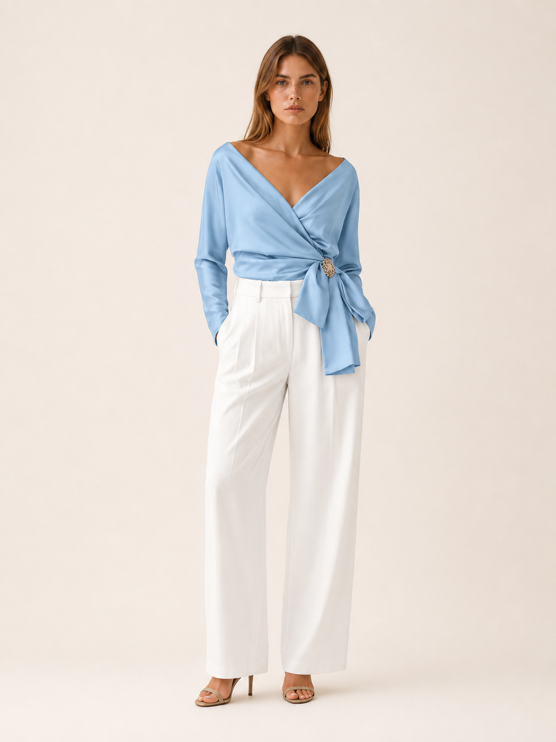 Thessia | Wrap Top with Bow Detail Satin Blouse