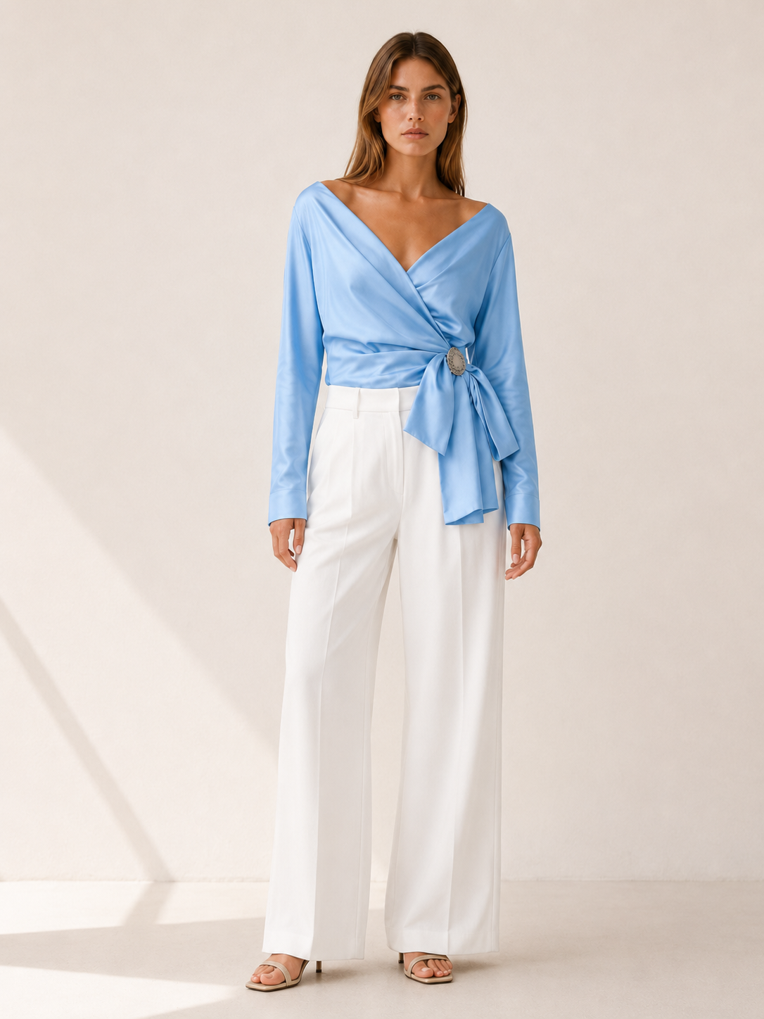 Thessia | Wrap Top with Bow Detail Satin Blouse