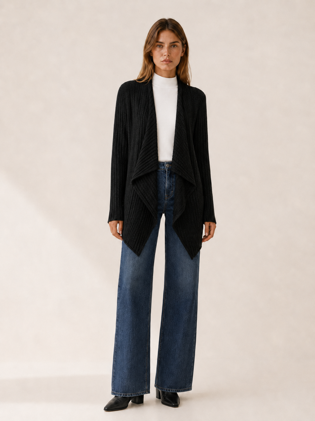 Tove | Waterfall Cardigan with Ribbed Detail and Draped Hem