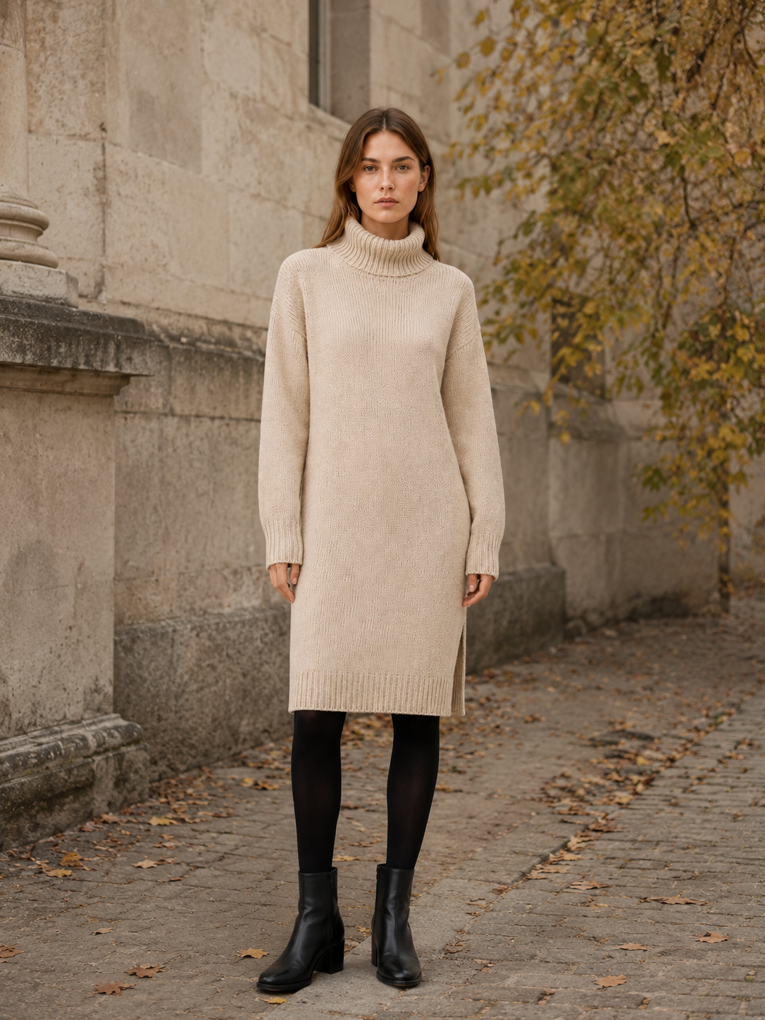 Trevellia | Jumper Dress with Roll Neck and Side Slit
