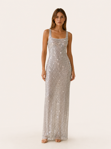 Valentina | Rhinestone Mesh Maxi Dress with Low Back