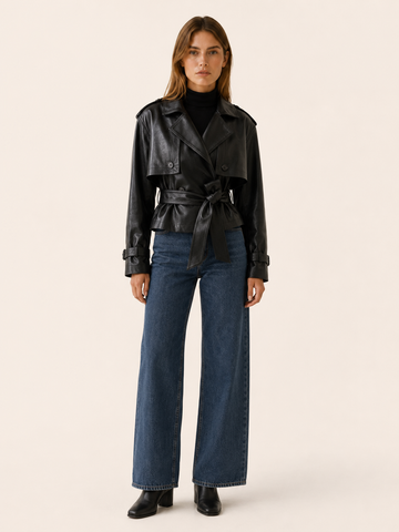 Valentina | Women's Cropped Leather-Look Jacket with Tie Waist