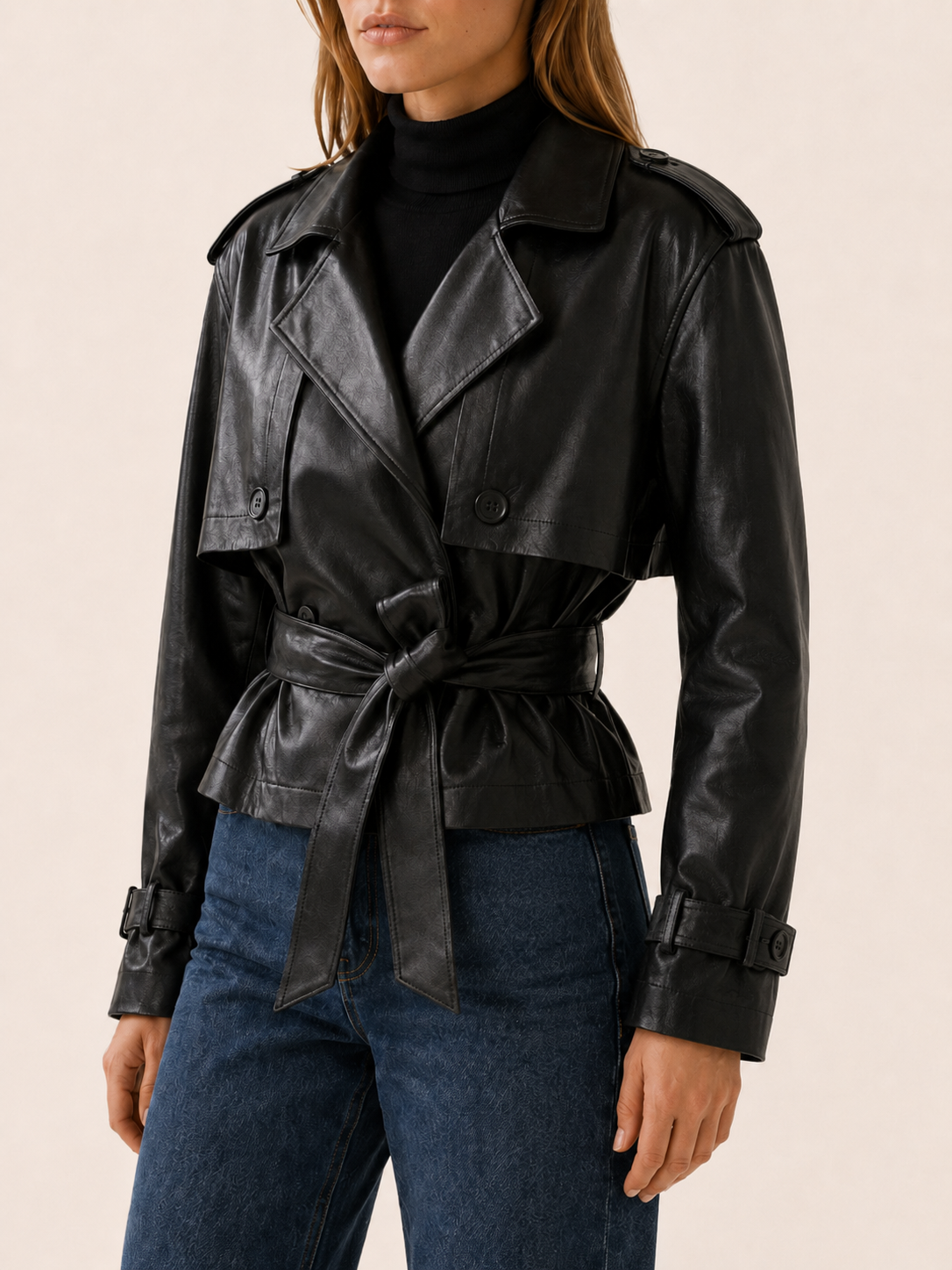 Valentina | Women's Cropped Leather-Look Jacket with Tie Waist