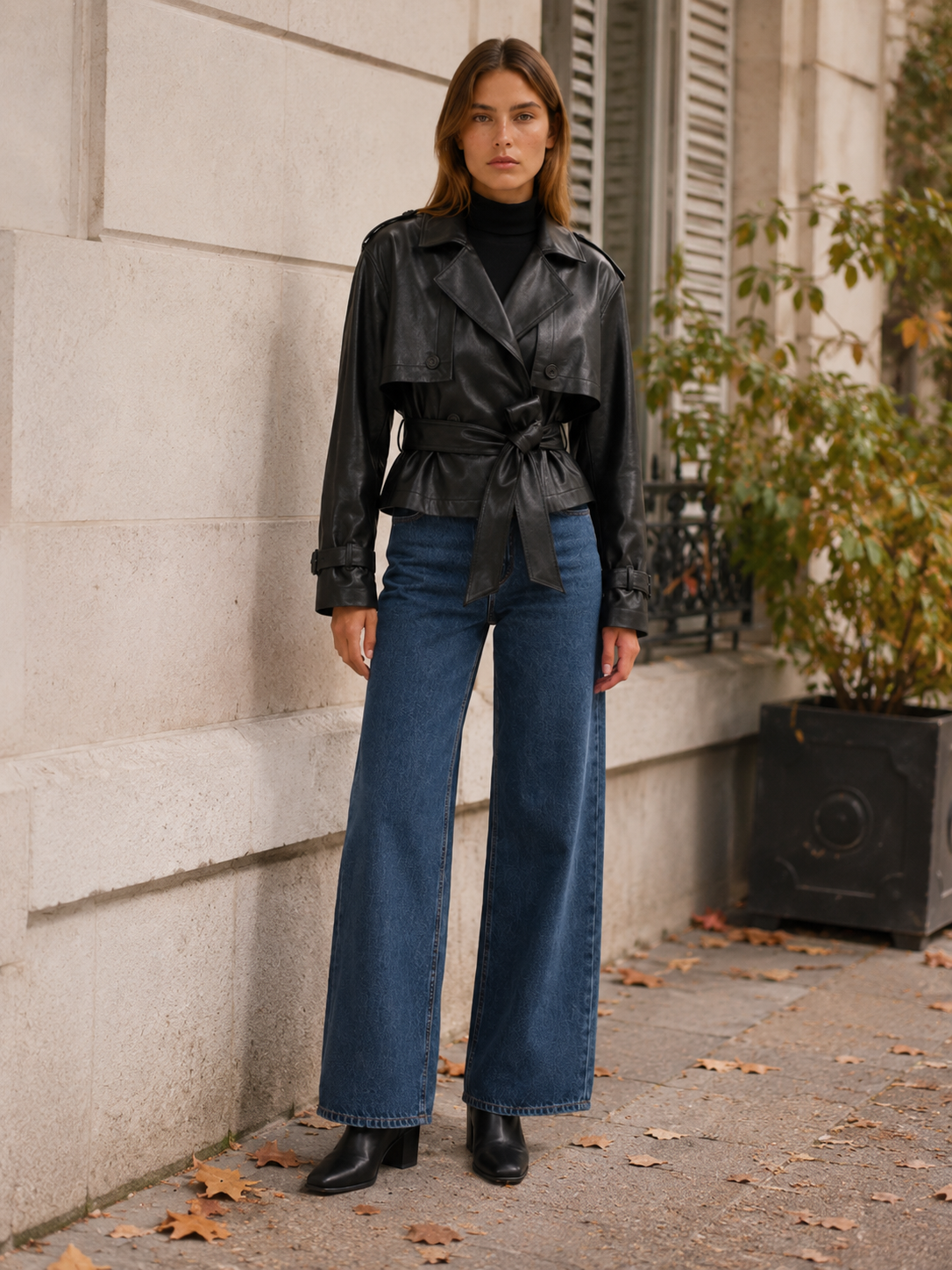 Valentina | Women's Cropped Leather-Look Jacket with Tie Waist