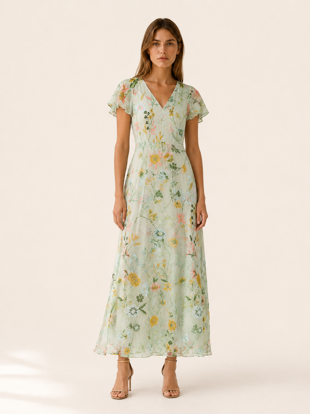 Vanda | Floral Maxi Dress with V Neck and Short Sleeves