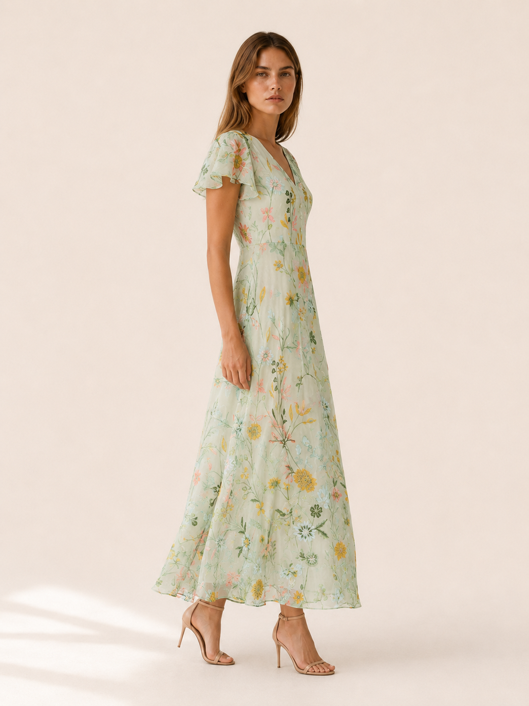 Vanda | Floral Maxi Dress with V Neck and Short Sleeves