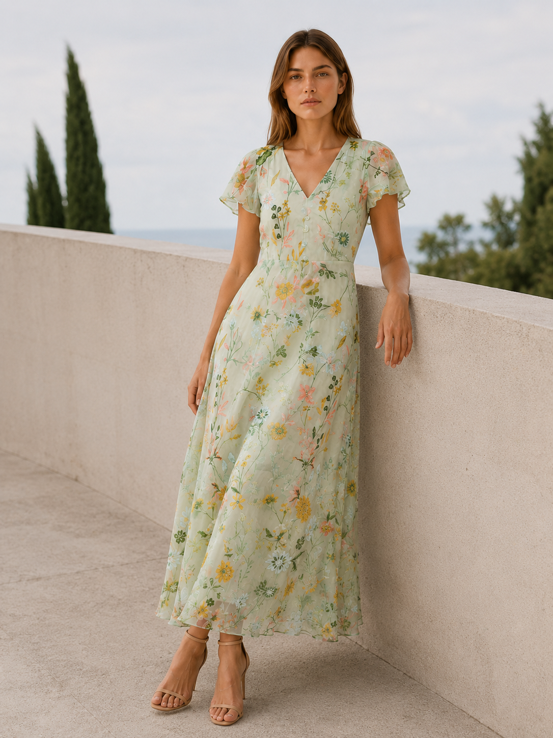 Vanda | Floral Maxi Dress with V Neck and Short Sleeves