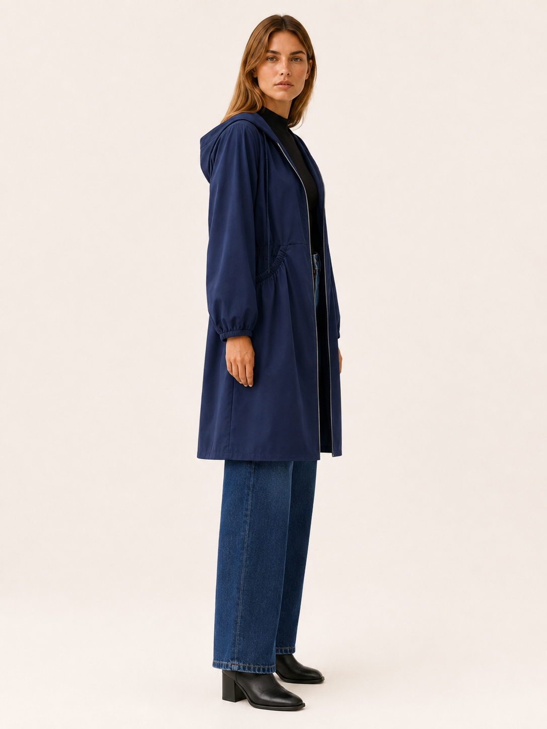 Vaunelle | Women's Hooded Gathered Waist Longline Coat